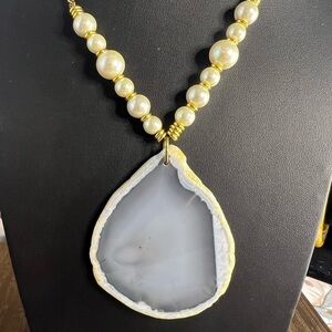 Anthropologie Lena Bernard Stone & Glass Faux Pearl Necklace 32” D2